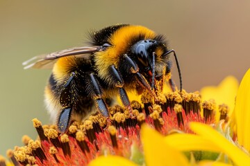 A Fuzzy Bumble Bee Pollinating a Sunflower on a Sunny Day in a Flower Garden
