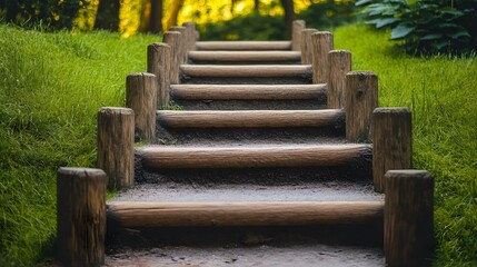 Wooden Steps Nature Path Green Grass Steps to Success