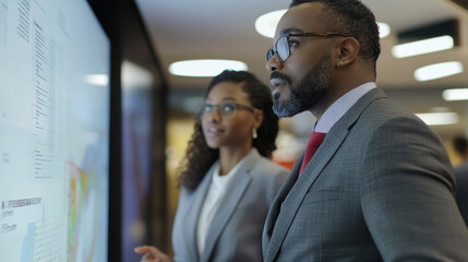 Two professionals in formal attire analyzing data on a large interactive display screen, with a focus on collaboration and strategic planning in a modern office environment