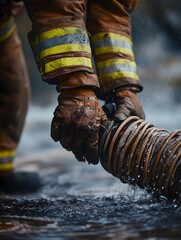 Firefighter Boots Wading Through Flooded Terrain During Emergency Rescue Mission