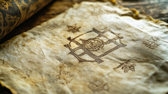 A close-up of an old parchment with Templar symbols and mysterious writings