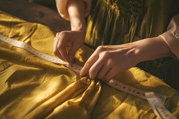 Skilled Hands Carefully Stitching Yellow Fabric with Needle and Thread