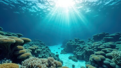 Obraz premium Split view of a coral reef affected by bleaching under a bright sunlit sky 