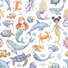 Watercolor seamless Pattern with mermaids, fishes, dolphin and whale. Illustration of children linen or kids textiles. Art in pastel colors for packaging or wrapping paper. Drawing for nursery wall. © Alisles