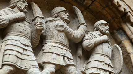 Obraz premium A close-up of a stone carving depicting Templar warriors in battle