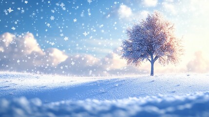 Fototapeta premium Snow falling on tree in winter field, clouds background for greeting card