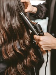 Fototapeta premium Professional hairstylist using curling iron to style woman s long dark brown hair in salon