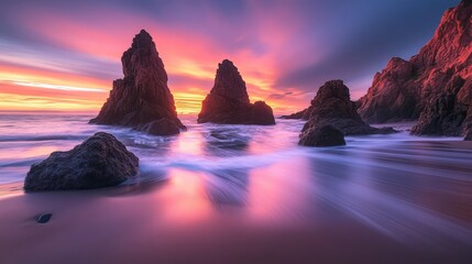 Sunset over ocean rocks dramatic seascape nature photography coastal paradise wide angle view tranquil atmosphere