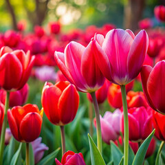 Vibrant pink and red tulips blooming in a field, bathed in sunlight.