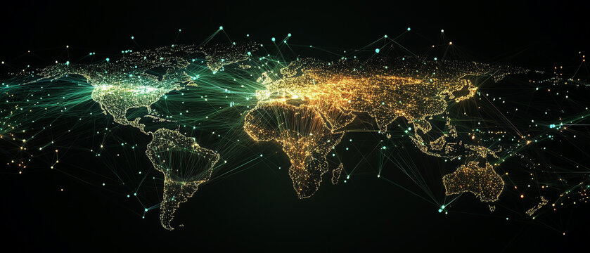 Radiating nodes visualizing customer connections worldwide