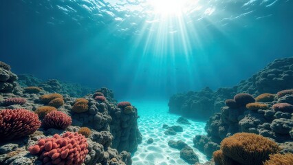 Obraz premium Split view of a coral reef affected by bleaching under a bright sunlit sky 