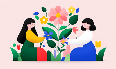 Naklejka premium Two Women Gardening Together With Colorful Flowers and Plants