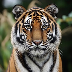 Obraz premium Majestic Sumatran Tiger Portrait Powerful Wildcat Intense Gaze Wildlife Photography Nature Image Beautiful Animal Orange Black Stripes Fur Closeup big