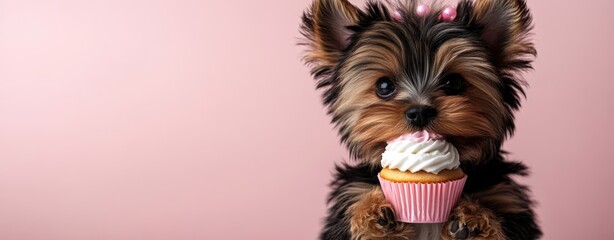 Naklejka premium A cupcake with pink frosting is placed against a pastel background, with a cheerful dog sitting nearby