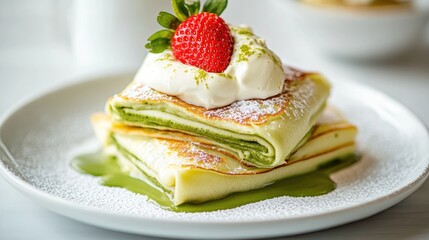 Delicate layered crepes topped with whipped cream and fresh stra