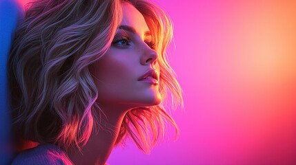 Fototapeta premium Elegant woman gazes into distance against blurred colorful background. Beauty shot