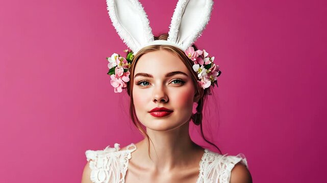 A caucasian model showcases stylish Easter bunny ears adorned with flowers, creating a whimsical look. The background's vibrant pink enhances the playful atmosphere, making a bold fashion statement
