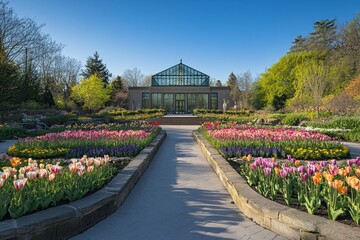 Obraz premium Pathway through a vibrant tulip garden leading to a glass conservatory on a sunny day