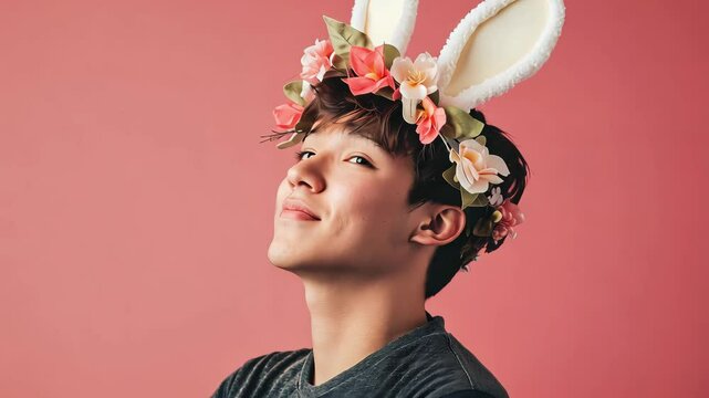 A young Asian man expresses joy wearing playful Easter bunny ears and a minimalistic floral crown. Bright sunlight enhances the cheerful atmosphere, highlighting his relaxed demeanor