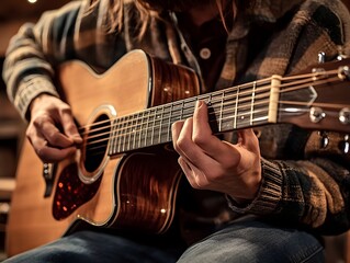 Obraz premium Close up of Musician Playing Acoustic Guitar with Passion and Precision