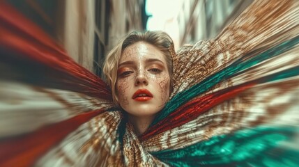 A striking portrait of a woman adorned in vibrant, swirling fabrics captures attention with its artistic flair and emotional depth, showcasing beauty and creativity in motion.