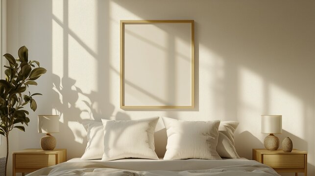 Empty frame over bed in sunlit bedroom, modern interior design, mockup for display