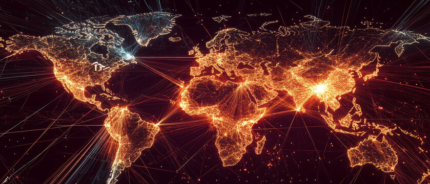 Radiating nodes visualizing customer connections worldwide