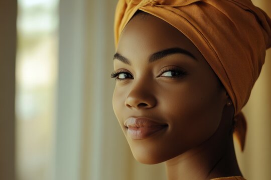 Radiant Beauty: Close-Up of a Woman with a Head Wrap and Glowing Skin