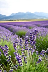 Obraz premium Vibrant lavender fields stretch to distant mountains under brigh