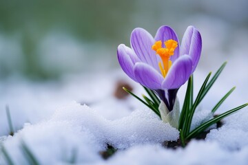 Crocus Blossom Breaks Through Winter Snow in a Close-Up View