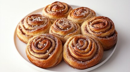 Warm, freshly baked cinnamon rolls arranged on white plate, invi