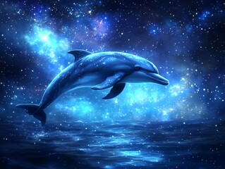 Naklejka premium A cetacean breaching the night sky and water with shimmering cosmic backdrop