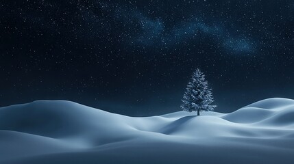 Naklejka premium A picturesque winter scene featuring a single tree standing out against a star-filled night sky backdrop