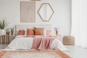 Naklejka premium Modern bedroom interior with terracotta rug and blush accents. Possible use Stock photo for home decor