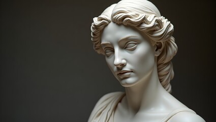 Elegant marble sculpture depicting a serene woman in classical attire with detailed hair and facial features, showcasing artistry and craftsmanship