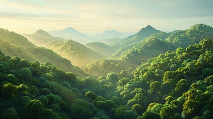 Fototapeta premium A serene mountain range with lush trees in the foreground is illuminated by the golden rays of the sun behind cloudy skies