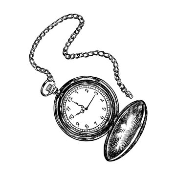 Pocket watch with a chain. A hand-drawn vector graphic illustration. Black and white image of a vintage accessory. Separate from the background. Perfect for posters, postcards and banners, flyers.