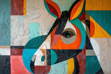 Abstract Donkey Mural With Geometric Shapes and Vibrant Colors, A stylized abstract representation of a donkey, with geometric shapes and bold colors