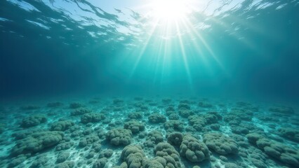Fototapeta premium Sunlit underwater coral reef showing signs of bleaching and environmental damage 