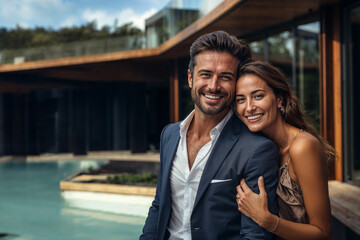 Portrait of a happy couple of billionaires outside their new mansion.