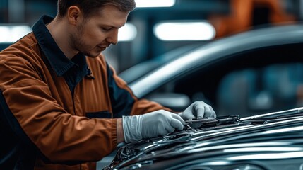 A focused mechanic diligently repairs a car engine, showcasing craftsmanship and expertise in automotive work, with emphasis on precision, detail, and hands-on labor in a garage environment.