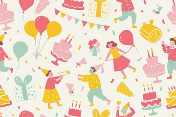 Seamless pattern of happy people celebrating a birthday with cakes, balloons, and gifts.