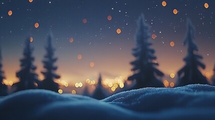 Fototapeta premium A night scene featuring numerous lights in the sky, blankets of snow covering the landscape, and trees positioned in the foreground