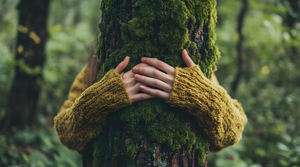 A person hugging an old, moss-covered tree trunk with their hands

