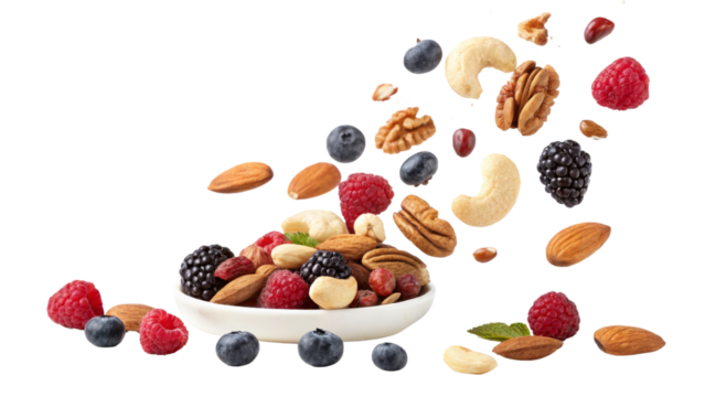 Trail Mix Bowl with Berries and Nuts, Isolated on Transparent Background, High-Res, Food Photography, Nuts, Berries, Trail Mix
