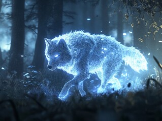 Obraz premium Ethereal Wolf: Glowing canine spirit walks in a dark forest at night.