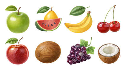Realistic Fruit Collection Apple, Banana, Cherry, Coconut, Grapes, Pear, Watermelon Isolated on Transparent Background, fruit clipart, digital illustration, Fruits, clipart, illustration