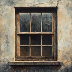 Rustic Weathered Window Pane Old Building Exterior Vintage Wall Dark Brown Frame Aged Stone Structure Grunge Texture Architectural Detail Antique     