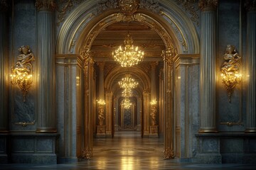 Fototapeta premium Grand Hallway with Golden Accents and Crystal Chandeliers