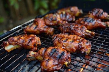 Close-up of juicy chicken wings grilling on a charcoal grill, perfect for a summer barbecue with friends and family, Barbecue cookouts with friends and family